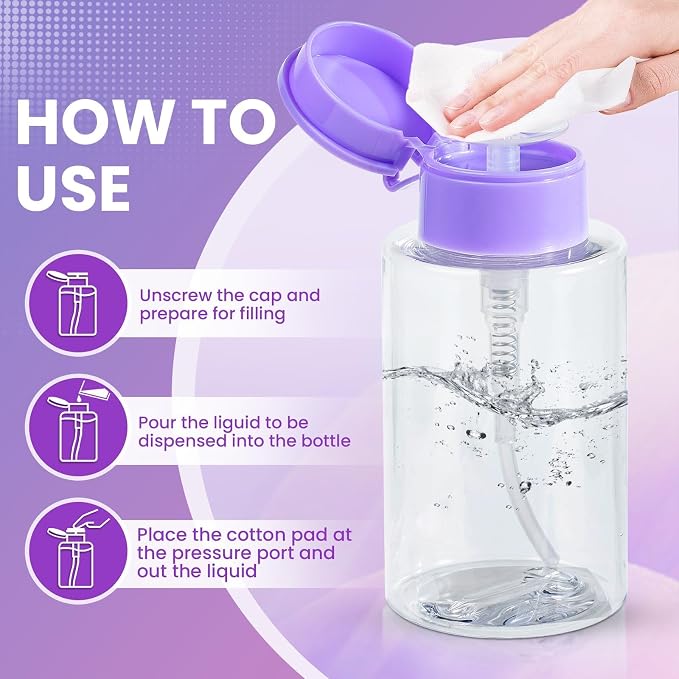 Nail Polish Remover Pump, YAMYONE 2 Pack Acetone Pump Dispenser, Alcohol Dispenser Push Down Empty Lockable Pump Dispenser Bottle for Nail Polish and Makeup Remover, 200ml(6.8oz) (Transparent Purple)