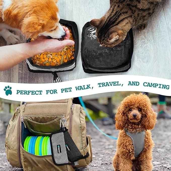 PetAmi Collapsible Dog Bowls 2 Pack, Food and Water Bowls Travel Set, Portable Pet Dish No Spill, Foldable Lightweight BPA Free Leakproof, Camping Hiking Walking Outdoor Gear Accessories, Stripe Black
