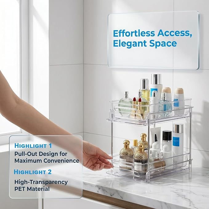 2-Tier bathroom cabinet organizer, bathroom organizers and storage with Adjustable Removable Dividers,Under Sink Organizing,Under Sink and Pull-Out Cabinet Organizer for Kitchen and Pantry Storage