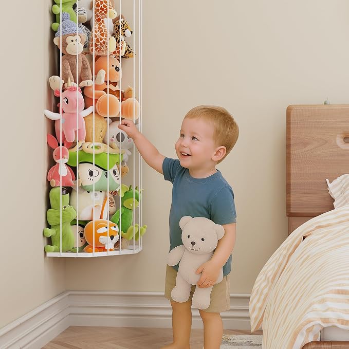 BBLlKE Stuffed Animal Storage Zoo - Corner Plush Toy Organizer Length Adjustable, Wall Hanging Stuffed Animal Net Holder for Nursery Playroom Bedroom Kids Room, White