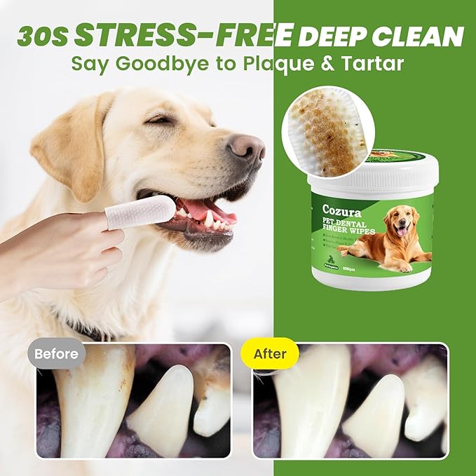 Dog Dental Wipes for Teeth Cleaning - Removes Plaque & Tartar, Effective Toothbrush & Toothpaste Alternative Kit Finger Pet Dental Care Pads, Fresh Breath for Dogs & Cats - 60ct, Unscented