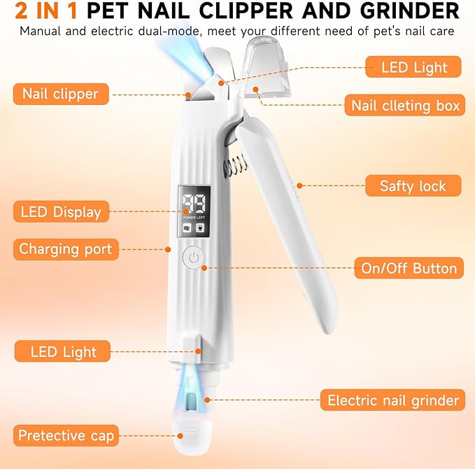 2 in 1 Dog Nail Clippers Electric Grinder Dogs Cats Trimmers Claw Nail Care Tool Cordless Rechargeable Pets Nail Trimmer with LED Lights Low Noise Pet Electric Grinder Storage Bag Include