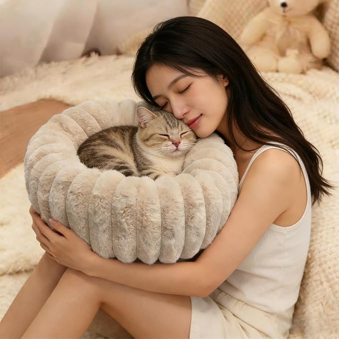 Mini Dog Bed for Very Small Dogs & Cats Washable, Fluffy Round Extra Small Kitten Beds for Indoor Kittens, Ultra-Soft Tiny Puppy Cat Donut Bed for Cozy Sleep, Beige, 16 x 16 x 3.5 Inch