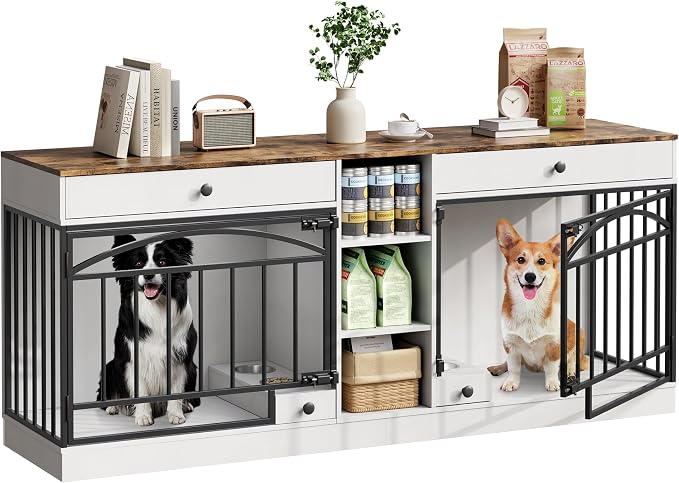 IDEALHOUSE 78.7" Double Dog Crate Furniture with Storage and 2 Doors, White | Dog Kennel Indoor with Feeding Bowls, Wood Dog Crate TV Stand for Small Medium Dogs