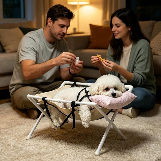 Dog Grooming Hammock Frame - Bath Chair | Foldable Support Stool for Pet | 61x35x42cm | Washable Mesh Restraint Stand | Heavy-Duty Bath Stool With Pink Pillow For Small Medium Breed Dog, Puppy, Cat