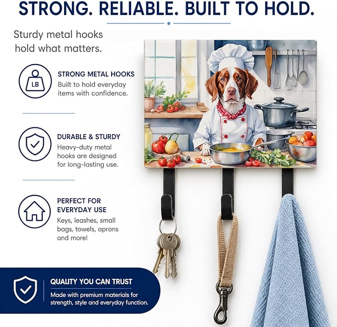 Caroline's Treasures Brittany Spaniel The Chef Leash or Key Holder Wall Hooks, Key Hooks Holder, Coat Rack Wall Mount, Coat Hooks, Hooks for Hanging Keys, Towels, Aprons, Leashes | Brittany Spaniel The Chef artwork on ceramic tile with three steel hook...