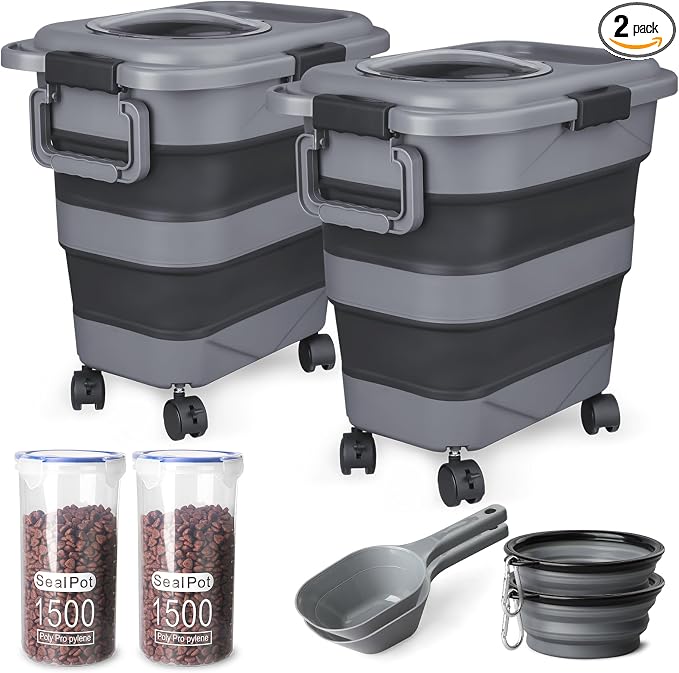 Dog Food Storage Container，2 Pack 25 lbs Airtight Collapsible Cat Food Storage Container with Attachable Wheels, Portable Handle, Dog Food Scoop for Dog Cat Bird Pet Dry Food Storage Bin Large