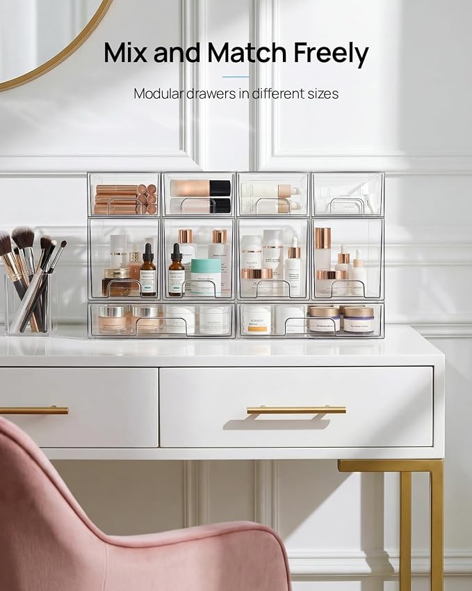 Vtopmart 10 Pack Small Clear Stackable Storage Drawers | Plastic Bathroom Makeup Organizer, For Vanity, Undersink, Kitchen Cabinets, Pantry, Home Organization
