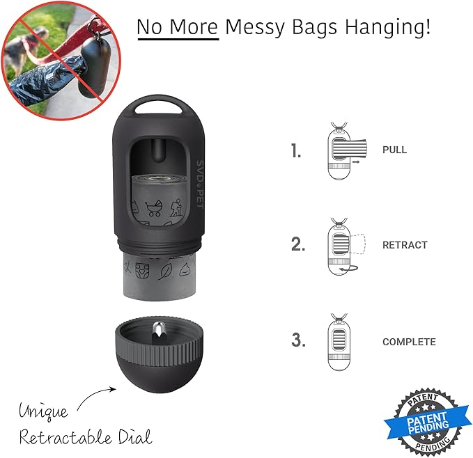 SVD.PET 2-Pack Pet Retractable Waste Bag Dispensers, Black & Columbia Blue | 2 Dog Poop Bag Holders, 60 Large Leak-proof Bags, Dog Walking Accessory