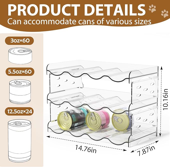 Flenpptly Cat Food Can Organizer, 3-Tier Cat Food Organizer | Transparent Can Organizer for Pantry, Canned Food Organizer Holds 60 (3oz) Cans, Pantry can Organizer (3-Tier 4-Can)