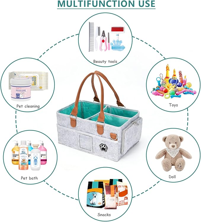 Felt Dog Grooming Bag, Pet Portable Tote Bag with Handle, Dogs Storage Organizer, 3 Compartments Caddy with 8 Pockets, Ideal for Dog Cat Grooming Tool Kit/Diaper/Blanket/Pads-Gray
