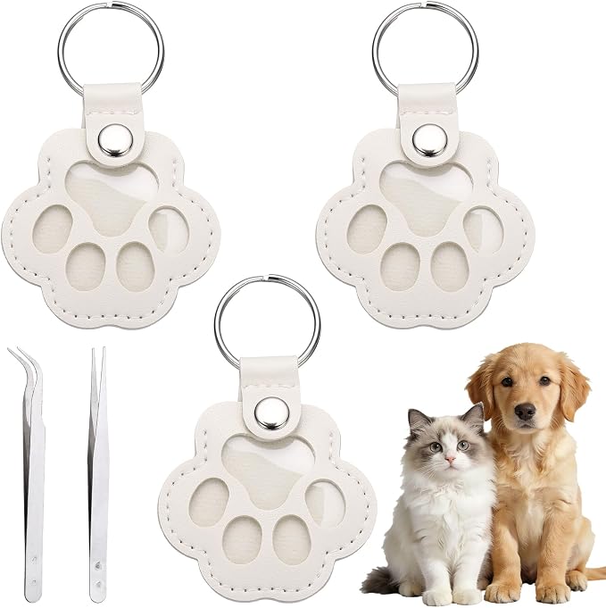 Dog Fur Storage Keychain, Pet Fur Keepsake Keyrings, Paw Shaped, Pet Hair Keepsake Keychains with Tweezers