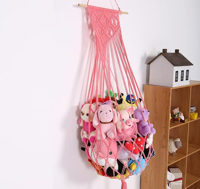 Stuffed Animal Hammock Wall Hanging Net for Stuffed Animal Net Stuffed Animal Storage Plush Toy Holder Toy Organizer for Boho Kidroom Playroom Nursery Decor (Pink)