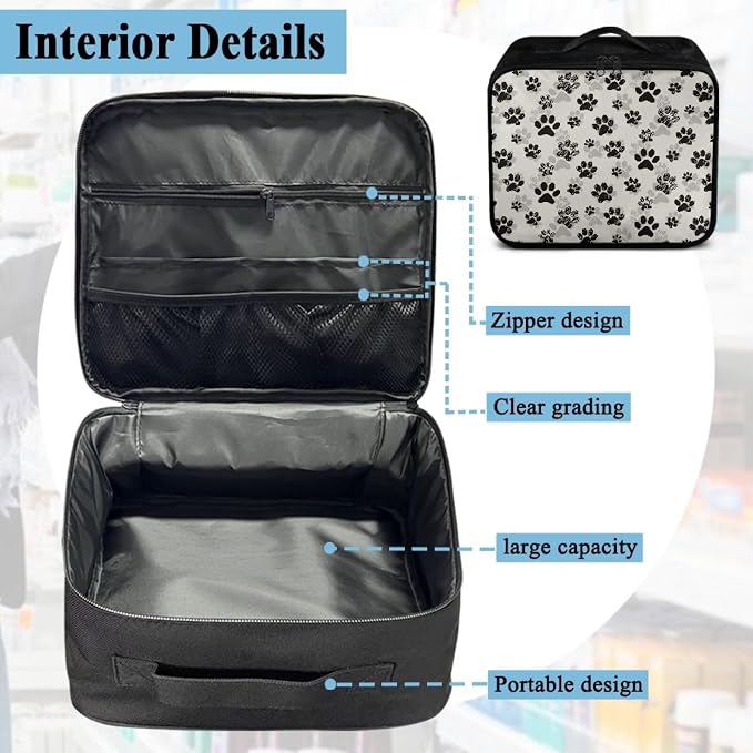 First Aid Case Empty Pet Paw Print Veterinary Medic Bag for Animal Clinics and Pet Owners Includes Secure Zipper Compartments Breathable Mesh Panels Soft Lining Washable Material