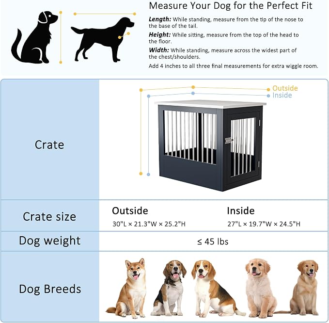 30" Wooden Dog Crate Furniture,Medium Kennel Pet Cage End Table for Indoor | for Small Medium Dogs, Grey and White, Fits Living Room Bedroom, Heavy Duty Steel Frame with Lock 45 lbs Cap, 100 lbs Top.
