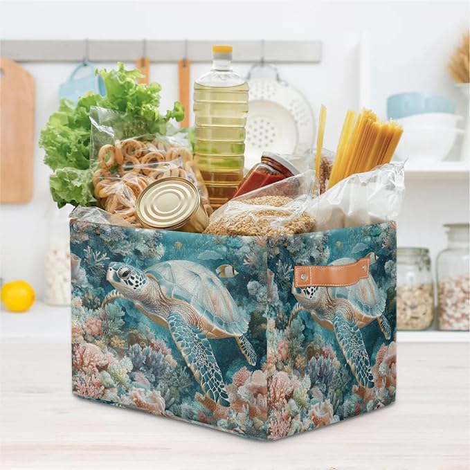 Sea Turtle Storage Baskets with Handle Nautical Storage Boxes Collapsible Nursery Basket Organizer Waterproof Storage Bins for Closet Shelves Book Cloth 15 X 11 X 9.5 IN