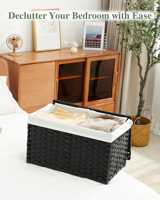 SETVSON Storage Basket with Lid PE Rattan Woven Storage Bins, 65L Black | 65L Storage Bin with 2 Separate Lids, 2 Removable Liner Bags with Divider, Sturdy Metal Frame, Foldable Side Handles
