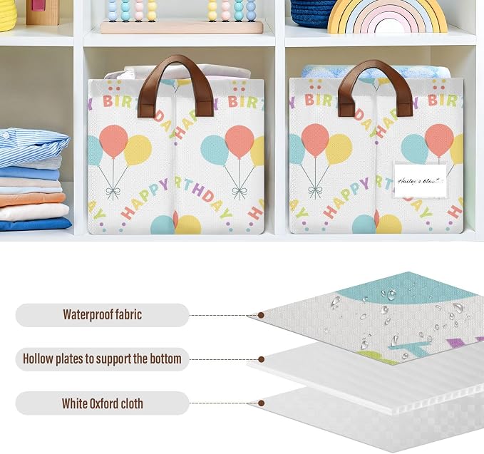 Happy Birthday Quoted Balloon Storage Basket Foldable Cube Storage Bins with Handles&Label Collapsible Organizer Box Bin Large Rectangle Decorative Baskets for Shelves Home Living Room Closet