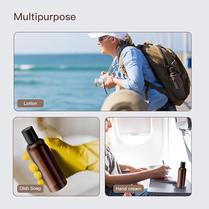 Travel Bottles for Toiletries, 3.4 oz Travel Size Containers, 5pcs, Amber | Squeezable empty plastic bottles, TSA approved, leak proof, with labels, for liquids & shampoo lotion, gym essentials