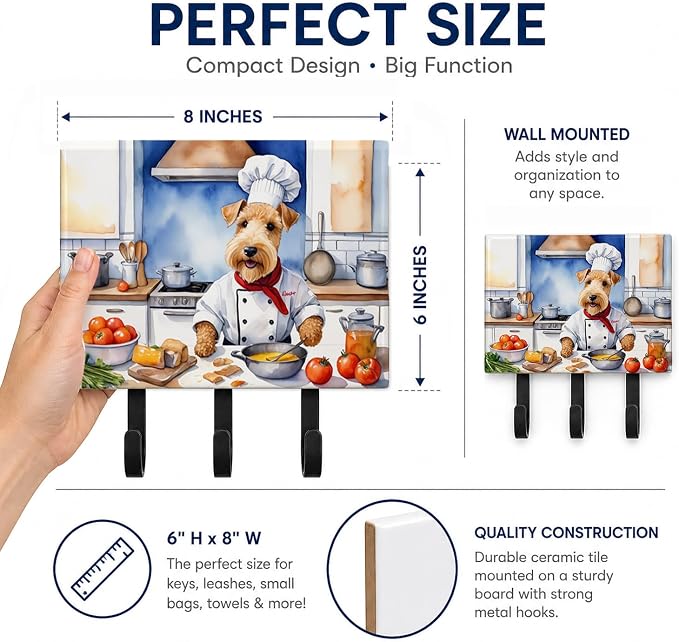 Caroline's Treasures Lakeland Terrier The Chef Leash or Key Holder Wall Hooks, Key Hooks Holder, Coat Rack Wall Mount, Coat Hooks, Hooks for Hanging Keys, Towels, Aprons, Leashes | Lakeland Terrier The Chef artwork on ceramic tile with three steel hook...