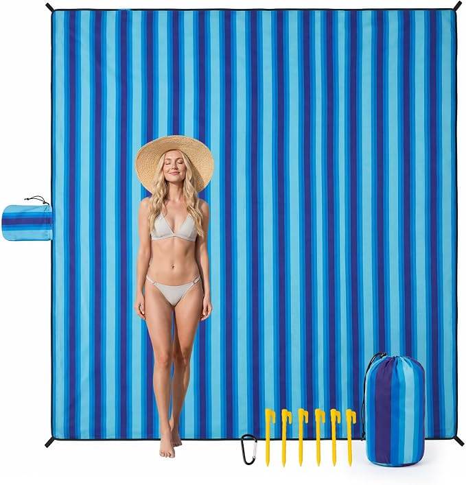 OIGAE Beach Blanket Waterproof Sandproof Oversized Beach Mat | Picnic Mat with Stakes, Storage Bag - Essentials for Outdoor Beach, Picnic,Quick-Dry Lightweight,Windproof Pockets