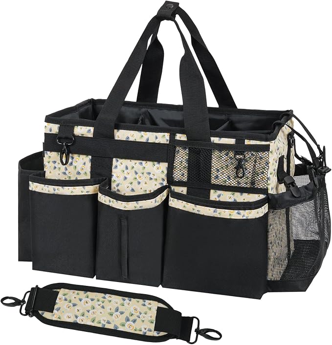 SCAVATA Wearable Cleaning Caddy, Cleaning Caddy Supplies Organizer with Handle & Shoulder Straps for Housekeepers, Under Sink & Car Cleaning Tool Organizers Bag with 4 Foldable Divider (YellowFlower)