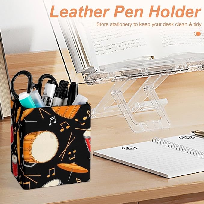 Pu Leather Pen Holder Pencil Cup, Rock Drum Stand Makeup Brush Holder, Stationery Organizer Container Box Desk Decor Accessories for Office