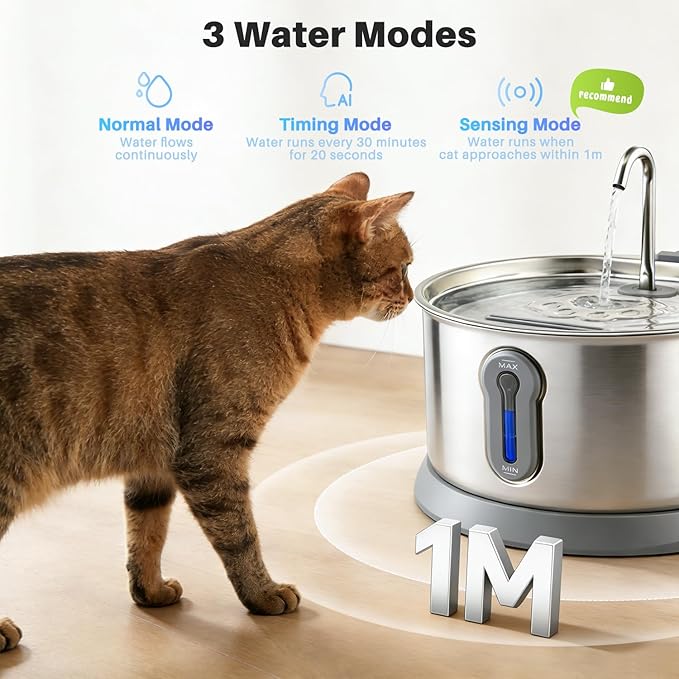 Stainless Steel Cat Water Fountain, 135oz/4L Pet Water Dispenser with App Monitoring, 4000mAh Water Dispenser for Cats, Ultra Quiet, LED Water Level Window Automatic Cat Fountain, (2 Filter&3 Sponge)