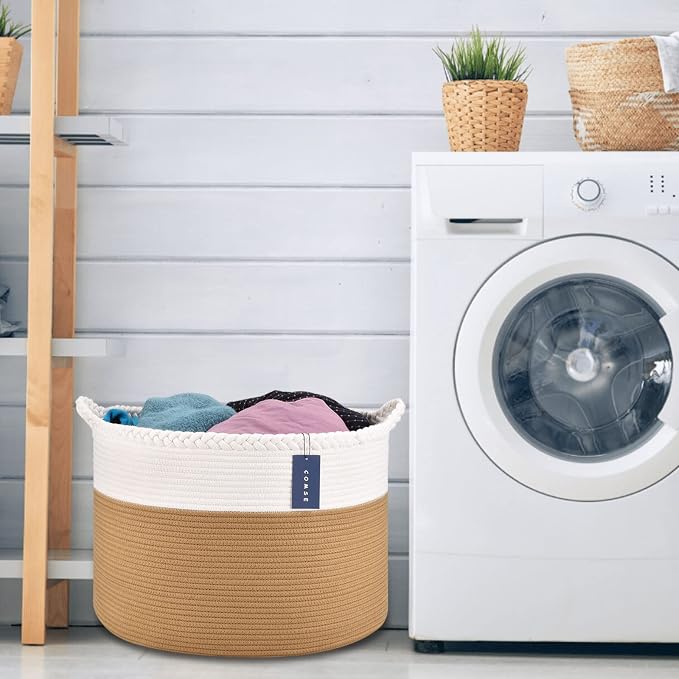 COMSE XXXLarge Woven Blanket & Laundry Basket, 87L, White & Camel | 21.7" x 13.8", Cotton Rope, Nursery Hamper for Storage of Toys Clothes Towels, Ideal for Living Room Bedroom Bathroom