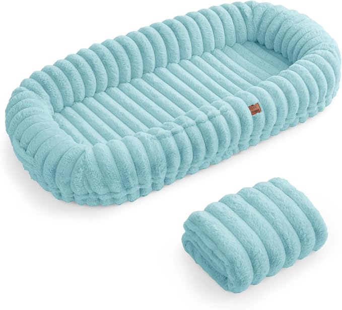 ChiXnuggle Orthopedic Human Dog Bed,Striped Faux Fur Washable Cover,Blanket | blue,72*40*10,giant dog bed for adult or extra large dogs,egg crate foam,non-slip bottom