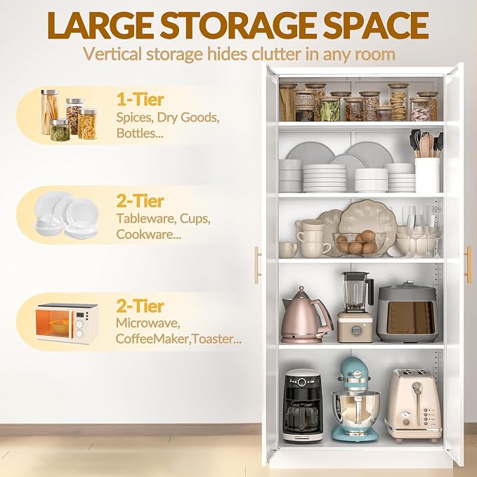 BESFUR Kitchen Pantry Cabinet,71” Metal Tall Pantry Storage Cabinet with Doors and 4 Adjustable Shelves,Kitchen Storage Cabinets White Freestanding Food Cabinet for Pantries, Kitchen
