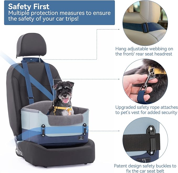 A 4 Pet Dog Car Seats for Small Dogs, Under 25 lbs, Patent Buckles | Adjustable leash, for travel/cars/SUV/pickup, pet bed for puppy & cat