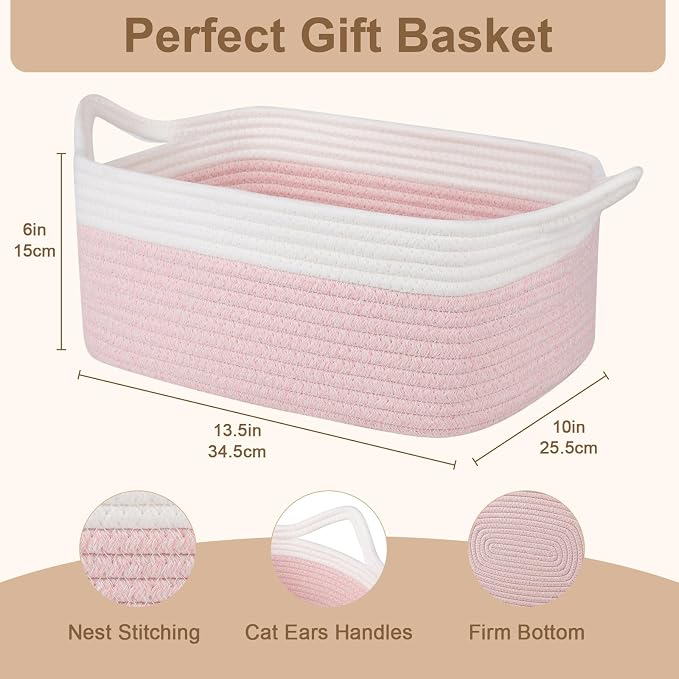 OIAHOMY Woven Basket, Gift Basket Empty with Gift Bags and Ribbons, Rope Baskets for Baby Showers, Storage Baskets with Handles for Nursery, Pet Toy Organizer - Pink & White