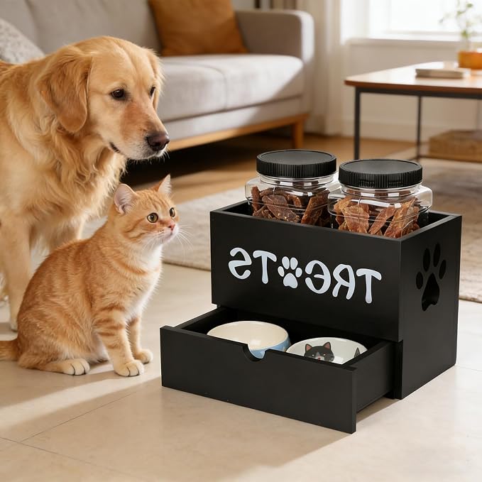 Dog Treat Jar for Countertop, 9.8 * 5.1 * 6'' 2 Layer Dog Treat Container with Drawer 2Jars and Sticker Wooden Pet Food Organizer Storage Basket For Pets Great Gift for Pets' Owners (Black)
