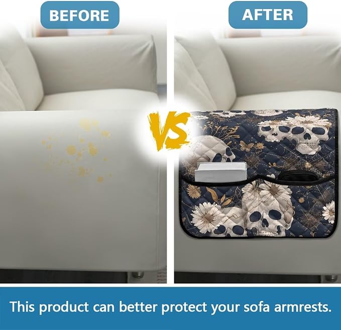 Skull Daisy Stretch Sofa Armrest Covers Arm Cover for Chairs Anti-Slip Couch Armrest Covers with 2 Pockets Furniture Armrests Protector for Sofa Couch Chair Recliner