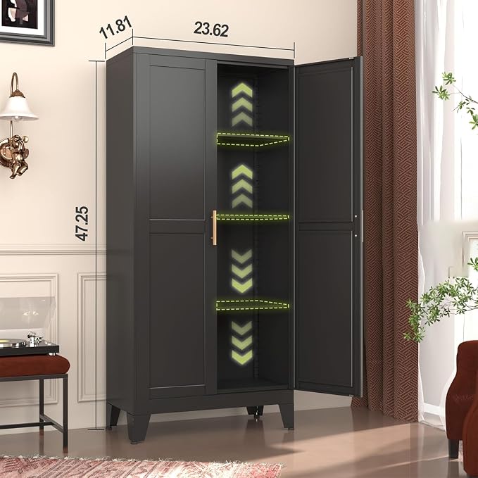 GAIOUS Metal Storage Cabinet, Black Pantry Storage Cabinets with 2 Door | and 3 Adjustable Shelves, Kitchen Food Storage Cabinet, Metal Utility Cabinet for Kitchen Laundry Room, Cupboard