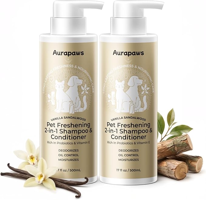 2-in-1 Dog Shampoo and Conditioner, Probiotic Pet Shampoo for Odor & Oil Control, Clean Formula with Panthenol & Ceramide NP for Dogs & Cats, Vanilla Sandalwood Scent, 17oz, 2-Pack