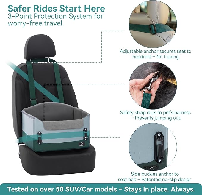 A 4 Pet Dog Booster Car Seat, Under 25 lbs, Patent Buckles | Clip-on safety leash, portable, pet travel carrier, fits most cars