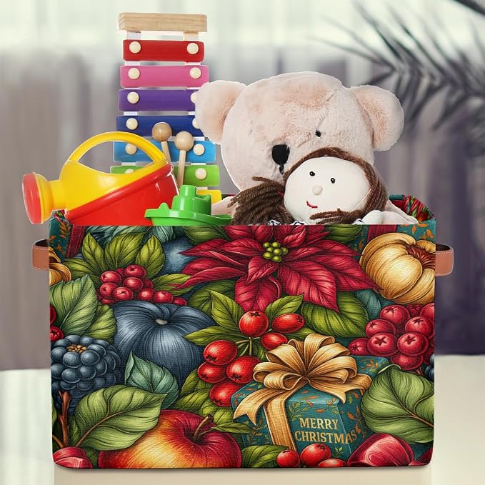 Christmas Basket Storage Bins Rectangle Canvas Basket Cube Storage Box | Nursery Foldable Basket with Handle for Kids Girls Boys Toys Living Room Closet Organizer Shelf Gifts Flower Poinsettia