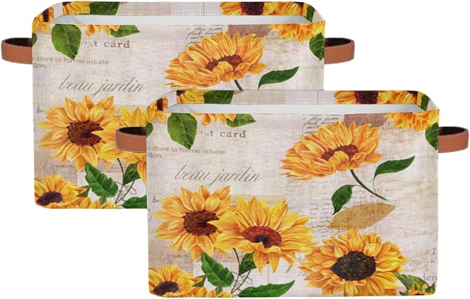 Storage Basket Flower Floral Sunflower, Large Foldable Organizer Storage Bins for Shelves, Sturdy Canvas Cubes Storage Boxes with Handles for Toys Closet Nursery Office Living Room 15" x 11" x 9.5"