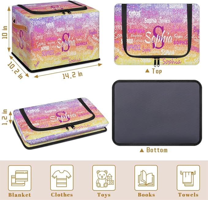 Custom Storage Baskets for Kids with Name, Large Foldable Organizer Collapsible Storage Bin with Zipper Lid Leather Handle for Home Toys Closet Nursery, Shiny Purple Red Yellow Glittering