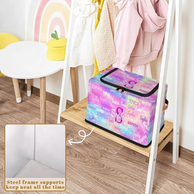 Custom Name Storage Bin with Lid Zipper, Personalized Storage Basket with Handles for Organizing Boys Girls Toys Office Closet Shelf Baskets, Watercolor Colorful Pink Blue Galaxy Background