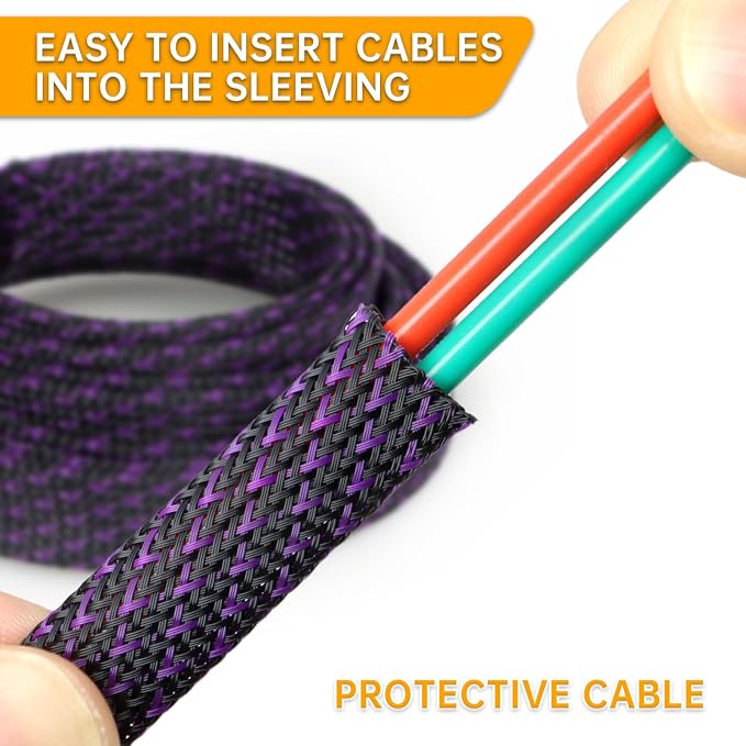 Braided Cable Sleeve, 33ft Expandable Wire Loom for Automotive Wiring Harness & PC Case, Pet-Proof Chew Resistant Cord Protector, Flexible Cable Management (Purple Black, 4mm (5/32"))