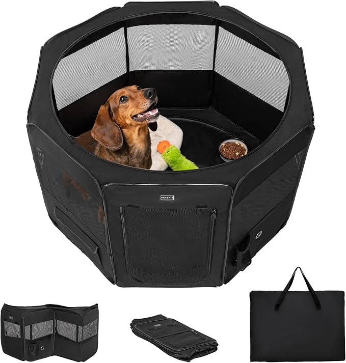 PETSFIT Portable Dog Playpen 36", Removable Waterproof Mat, Zippered Roof | 3-Second Setup, Collapsible Storage, RV Camping Travel, Indoor Outdoor Use, Medium Dogs and Cats, 36"L x 36"W x 21"H