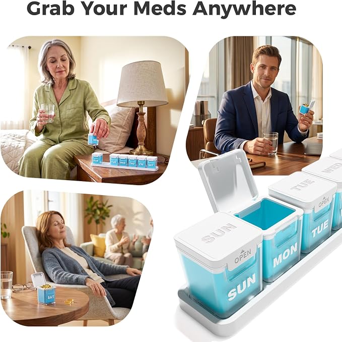 ODARO Extra Large Weekly Pill Organizer Once A Day - Blue | Large Capacity, Big Font, Wide Opening Easy For Seniors, Detachable Portable, Spill Proof, BPA Free