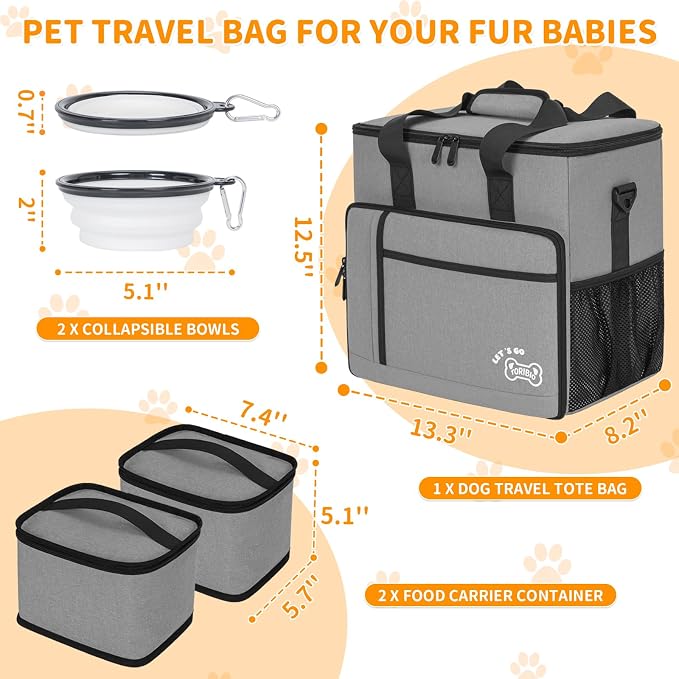 TORIBIO Large Dog Travel Bag for Supplies with Food Bowl | With 2 Food Container and Collapsible Bowls, Mat & Divider, Water-resistant, Pet Travel Kit for Weekend, Road Trips, Camping