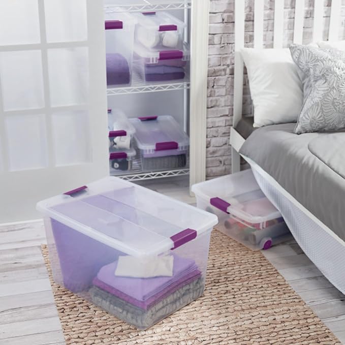 Sterilite 66 Qt ClearView Latch Storage Box, Stackable Bin with Latching Lid, Organize Clothes, Blankets, Items in Closet, Clear Base and Lid, 12-Pack | Clear Plastic Organizers with Color Accent Latches for Closet, Bedroom, Shelving Units, Dorm Room a...