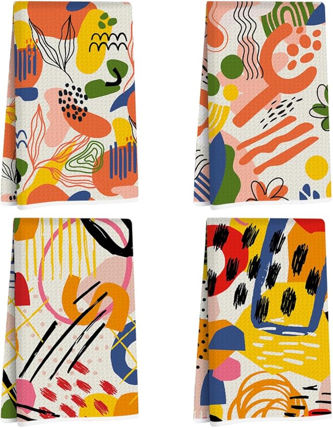 4 Pcs Abstract Art Bohemia Kitchen Towels, Colorful Pattern Decorative Absorbent Microfiber Dish Cloth Tea Towel, Waffle Soft Hand Towels for Farmhouse Home Bathroom Decor, Housewarming Gifts