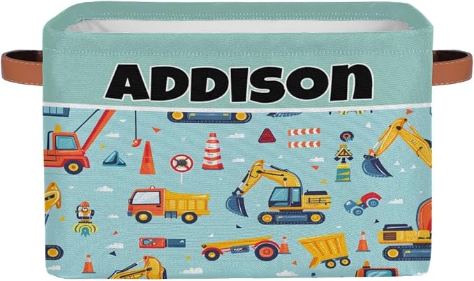 Custom Storage Basket, Personalized Name Rectangle Organizer Bin for Pet/Children Toys, Books, Clothes, Perfect for Rooms/Playroom, Cartoon Construction Site Cranes Excavator