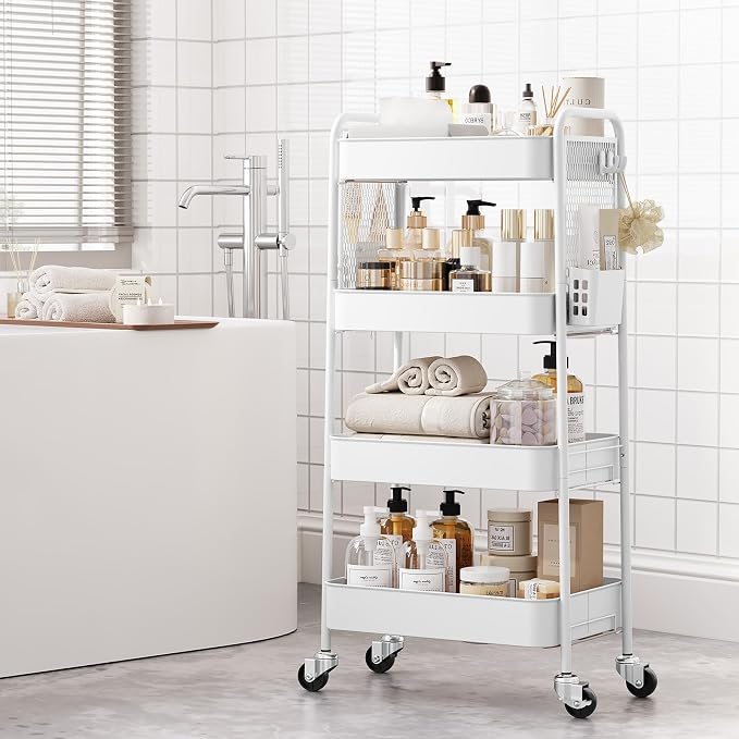 TOOLF 4 Tier Rolling Cart, Metal Utility Storage Cart with Pegboard, White | 2 Bins & 4 Hooks, Screwless Assembly, Lockable Wheels, Trolley Organizer for Bathroom, Kitchen, Office, Dorm, Craft Room